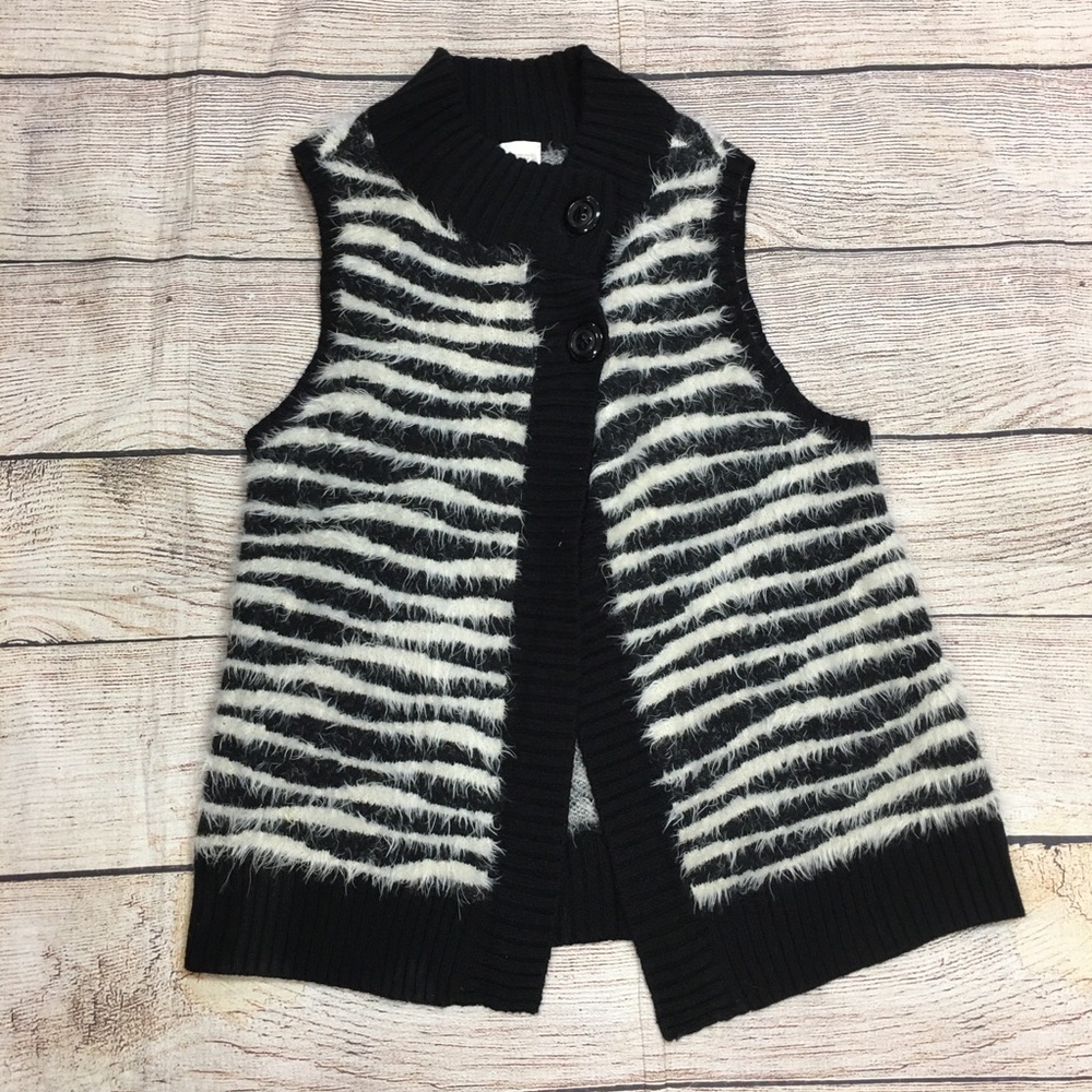 😍Chico's Black White Striped Fuzzy Sweater Vest Button Down Size Medium
